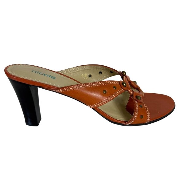 Nicole Rust Orange Sandals Sz 8.5 Leather High Heel Open Toe Cutouts Brass Studs - Picture 2 of 15